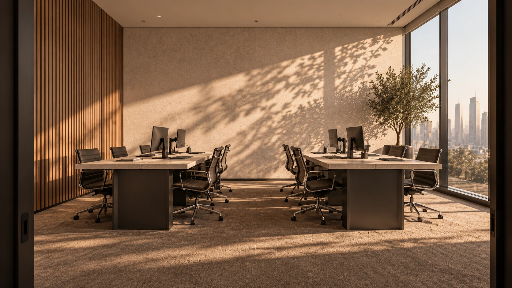 Sunlit private office with walnut, stone desks and leafy shadows