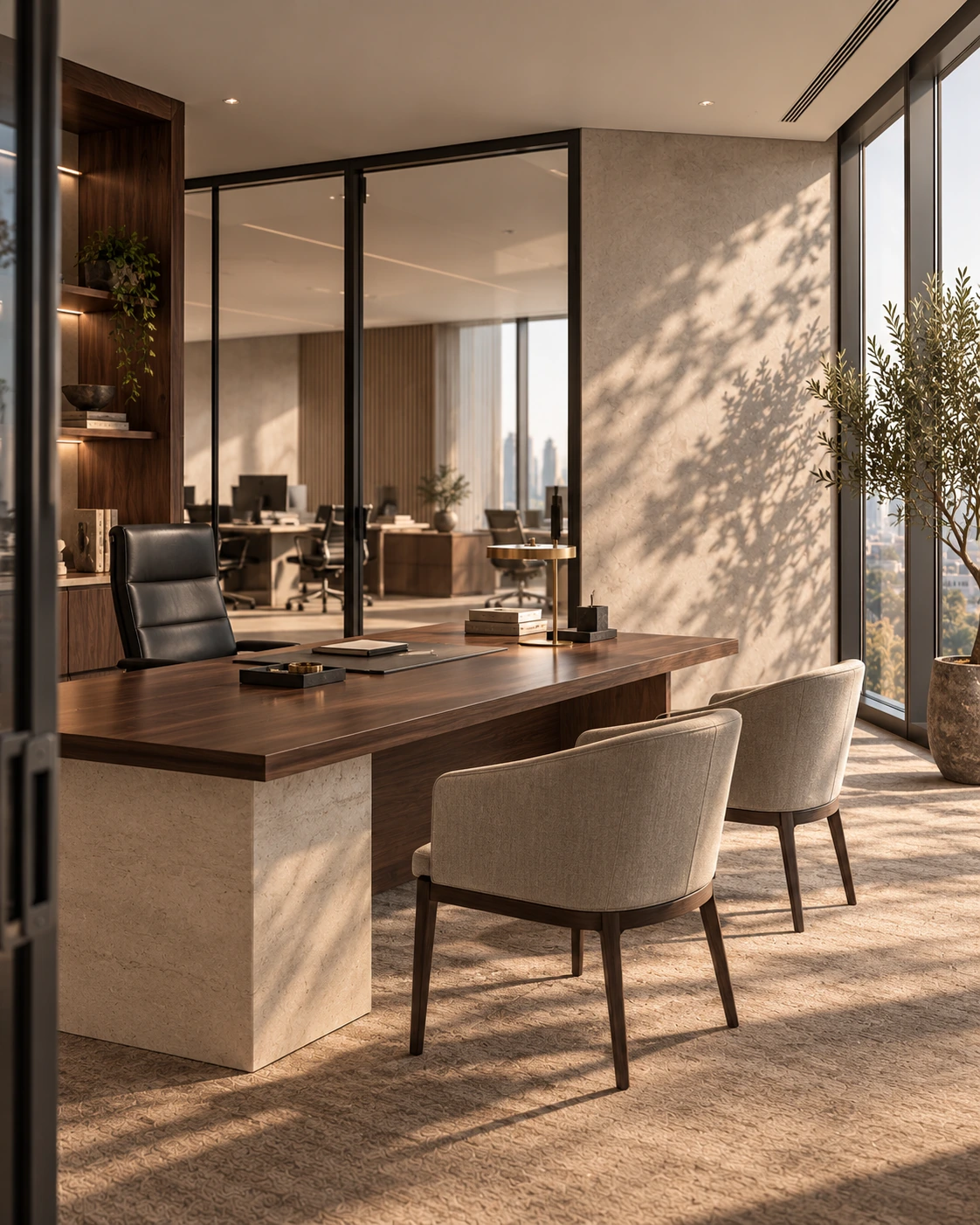 The Principal: a private executive office looking into the separate team workspace