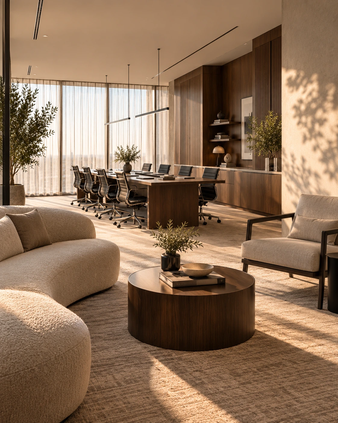 The Signature: a curved linen lounge with walnut team desks beyond