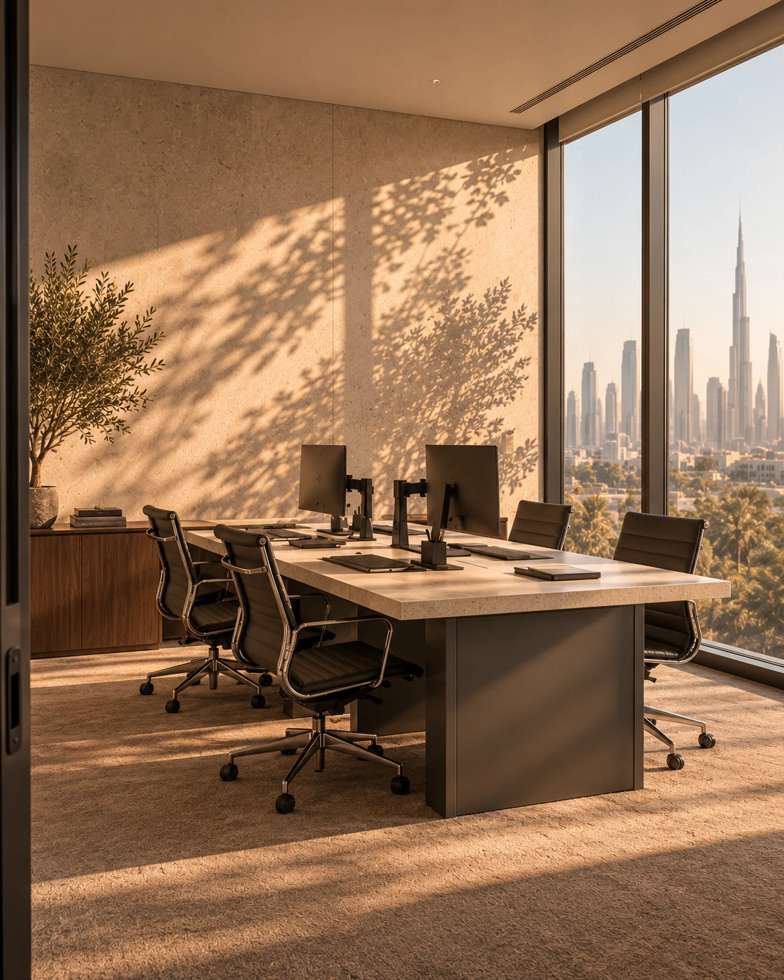 The Studio: a private four-person office with warm stone, sunlight and tree shadows